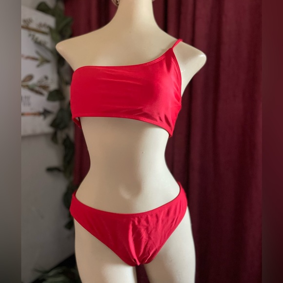 Ribbed One Shoulder Bikini 2 piece swimsuit bathing suit red size medium padded* - Picture 2 of 10